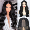 Long Black Wavy Mid Part Wide Lace Front Wigs - Effortless Glamor