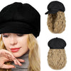 Newsboy Cap with 10 Inch Wavy Curly Hair Extensions for Women - Effortless Glamor