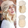 White Newsboy Cap with 10 Inch Wavy Curly Hair Extensions for Women - Effortless Glamor