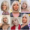 White Blonde Gray Synthetic Bob Wig with Bangs – Short, Straight, Heat Resistant, for Women, Cosplay & Daily Use 