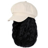 White Newsboy Cap with 10 Inch Wavy Curly Hair Extensions for Women - Effortless Glamor